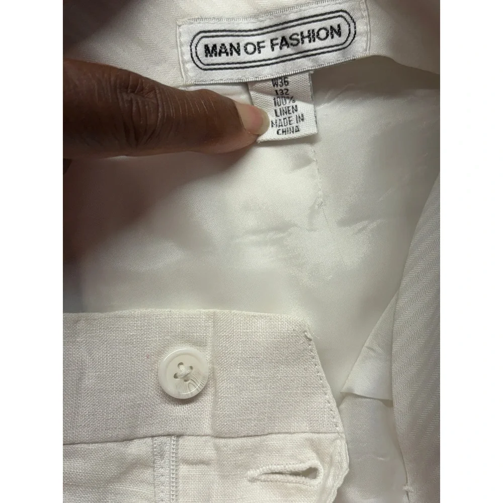 Man of Fashion Mens 36 White 100% Linen Pleated Wide Leg Dress Pants Trousers